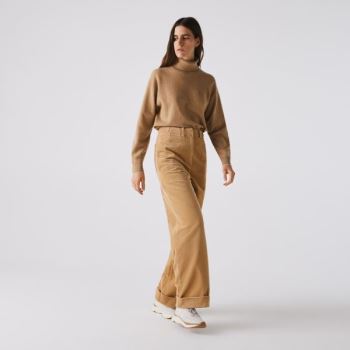 Lacoste Lacoste LIVE High-Waisted Loose Ribbed Velvet Pants - Kalhoty Dámské Béžový | CZ-lN8RpG